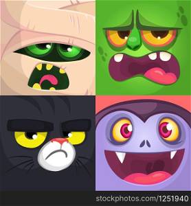Halloween square avatars. Mummy, zombie, black cat, vampire. Vector cartoon illustrations
