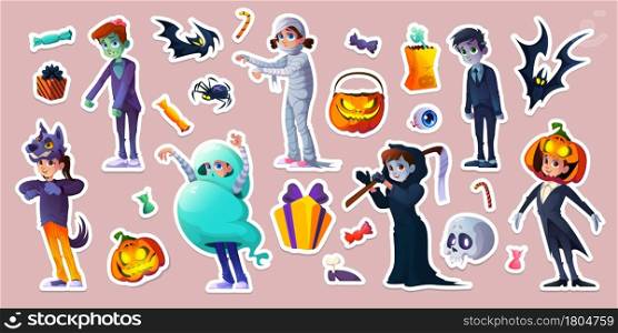 Halloween stickers with people in scary costumes of ghost, zombie, mummy and werewolf. Vector cartoon set of pumpkins, bat, candies, spiders and kids in costumes of ghoul, death and wolfman. Halloween stickers with people in scary costumes