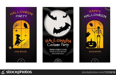 Halloween stories flyer template banners with pumpkin, bats, ghosts, witch, owl, spiders and spiders web. Can be used for party invantation, poster, social media layout, offer, coupon, halloween sale.