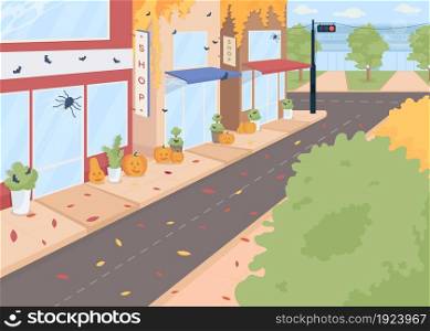 Halloween street flat color vector illustration. Celebrating autumn holiday. Traditional event in october in city. Autumnal 2D cartoon scenery with festive decorated houses on background. Halloween street flat color vector illustration