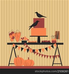 Halloween sweet table. Candy Buffet. Vector illustration.. Halloween sweet table.