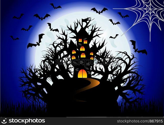 Halloween. The castle is on a hill in the midst of an ominous forest, full moon, night landscape. Flock of bats, cobwebs