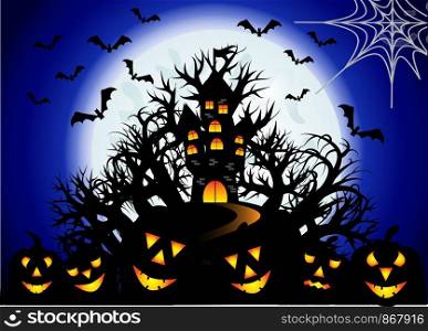 Halloween. The castle is on a hill in the midst of an ominous forest, full moon, night landscape. Flock of bats, cobwebs, jacks