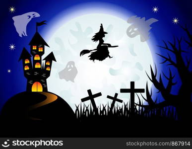 Halloween. The witch flies on a broomstick against the backdrop of a huge full moon. Night landscape, ghosts, castle. Halloween. The witch flies on a broomstick against the backdrop of a huge full moon. Night landscape, ghosts