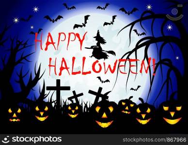 Halloween. The witch flies on a broomstick against the backdrop of a huge full moon. Night landscape, a flock of bats, jacks