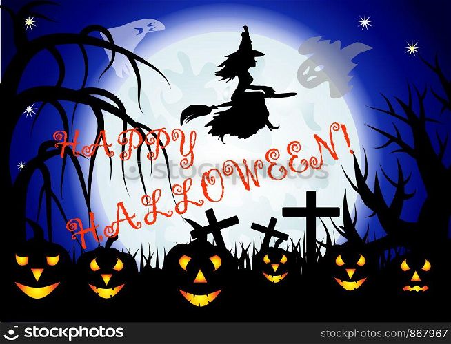 Halloween. The witch flies on a broomstick against the backdrop of a huge full moon. Night landscape, ghosts, pumpkins, jacks