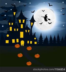 Halloween, the witch s house on the full moon. Bats and an old g. Halloween, the witch s house on the full moon. Bats