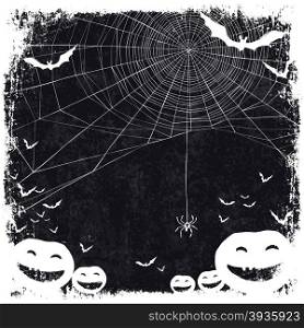 Halloween themed background with space for text. Halloween symbols - pumpkins, bats, spider web.