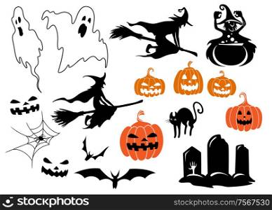 Halloween themed characters and design elements with ghosts, pumpkins, bats, cat, spider, witch. Various Halloween Themed Graphics