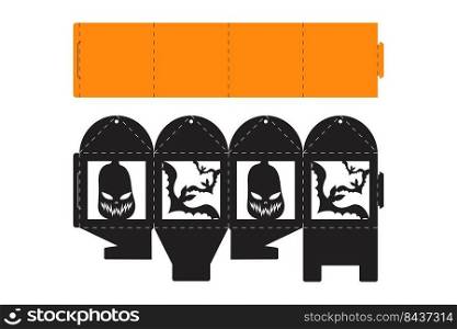 Halloween treat box with scary pumpkin. Jack-o-lantern facial gift party packaging for sweet, candies, small present, bakery. Simple package die cut template for laser cut. Vector stock illustration.