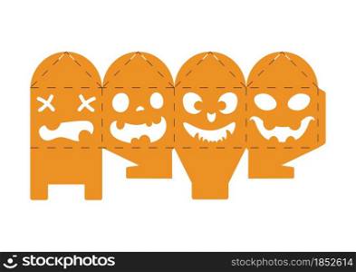 Halloween treat box with scary pumpkins. Jack-o-lantern facial gift party packaging for sweets, candies, small present, bakery. Simple package die cut template for laser cut. Vector stock illustration