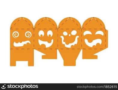 Halloween treat box with scary pumpkins. Jack-o-lantern facial gift party packaging for sweets, candies, small present, bakery. Simple package die cut template for laser cut. Vector stock illustration
