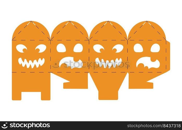 Halloween treat box with scary pumpkins. Jack-o-lantern facial gift party packaging for sweet, candies, small present, bakery. Simple package die cut template for laser cut. Vector stock illustration.