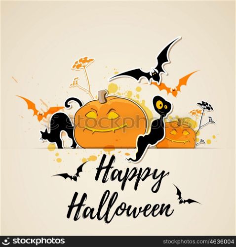 "Halloween vector background with black cat, ghost and pumpkins. "Happy Halloween" lettering."