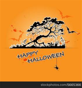 Halloween vector background with black tree and bats
