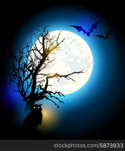 Halloween vector background with silhouette of tree and owl
