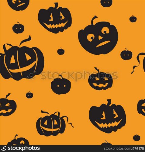 Halloween vector colorful seamless pattern with different black pumpkins with scary smile isolated on orange background, stock illustration