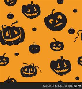 Halloween vector colorful seamless pattern with different black pumpkins with scary smile isolated on orange background, stock illustration