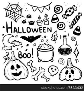 Halloween vector doodles set. Hand drawn illustration for All Saints&rsquo; Eve day. Simple decoration.. Halloween vector doodles set. Hand drawn illustration for All Saints&rsquo; Eve day. Simple decoration