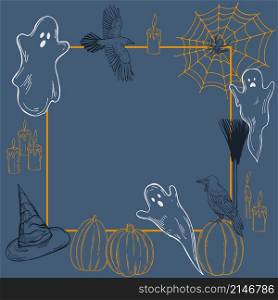 Halloween vector frame with ghosts and pumpkins. Sketch illustration.. Hand drawn halloween set. Vector sketch illustration.