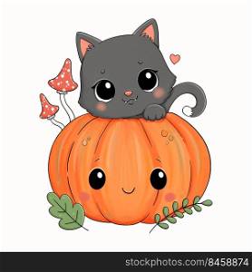 Halloween vector illustration black cat, pumpkin and mushrooms