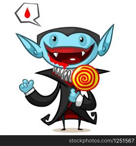 Halloween vector illustration of cartoon vampire with lollypop on white background