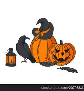 Halloween vector illustration with pumpkins and crow.. Halloween pumpkins and crow.