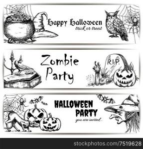 Halloween vector pencil sketch decoration elements. Sketched icons of scary witch in hat, bubbling potion in cauldron, coffin and tomb with zombie hand, creepy pumpkins, black cats. Halloween party decoration banners design. Halloween pencil sketch decoration elements