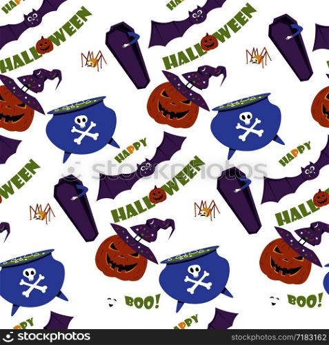 Halloween Vector seamless pattern. Holiday Design elements for party poster. Bright cartoon pattern for day of death. Halloween Vector seamless pattern. Holiday Design elements