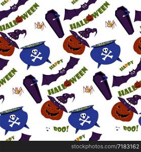 Halloween Vector seamless pattern. Holiday Design elements for party poster. Bright cartoon pattern for day of death. Halloween Vector seamless pattern. Holiday Design elements