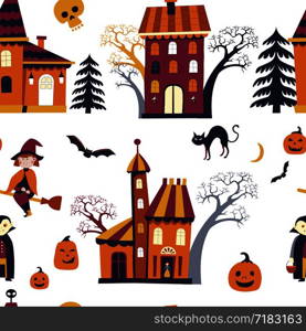 Halloween Vector seamless pattern. Holiday Design elements for party poster. Bright cartoon pattern for day of death. Halloween Vector seamless pattern. Holiday Design elements