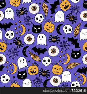 Halloween vector seamless pattern with all symbols of the holiday