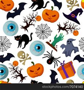 Halloween vector seamless pattern with black spider and pumpkin, cat and eye illustration. Halloween vector seamless pattern