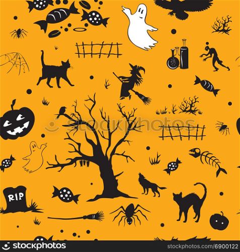 Halloween vector seamless pattern with ghost, tomb, black cat, candy, tree, spider, pumpkin, witch, on orange background