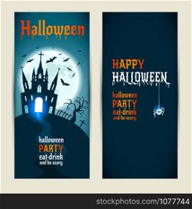 Halloween vertical banners set on blue and darkblue background. Invitation to night party. Vector design template for halloween celebration. Set of autumn symbols.. Halloween vertical banners set on blue and darkblue background.