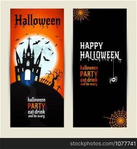 Halloween vertical banners set on orange and black background. Invitation to night party. Vector design template for halloween celebration. Set of autumn symbols.. Halloween vertical banners set on orange and black background.