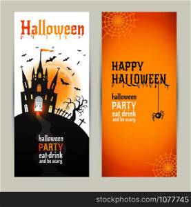 Halloween vertical banners set on orange and white background. Invitation to night party. Vector design template for halloween celebration. Set of autumn symbols.. Halloween vertical banners set on orange and white background.