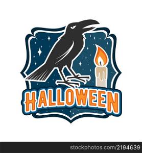 Halloween vintage badge, emblem or label. Vector illustration. For print on t shirt, tee, card, invitation, template. Halloween crow and candle.. Halloween vintage badge, emblem or label.