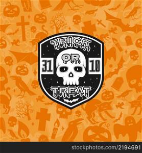 Halloween vintage badge, emblem or label. Vector illustration. Invited to a Halloween party with skull. For print on t shirt, tee, card, invitation, template.. Halloween vintage badge, emblem or label.
