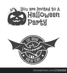 Halloween vintage badges, emblems or labels. Vector illustration. Invited to a Halloween party with bat and pumpkin. For print on t shirt, tee, card, invitation, template.. Halloween vintage badges, emblems or labels.