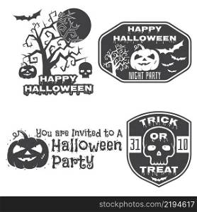 Halloween vintage badges, emblems or labels. Vector illustration. Invited to a Halloween party with bat, ghost, skull and pumpkin. For print on t shirt, tee, card, invitation, template.. Halloween vintage badges, emblems or labels.