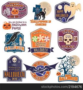 Halloween vintage badges, emblems or labels. Vector illustration. Invited to a Halloween party with bat, ghost, skull and pumpkin. For print on t shirt, tee, card, invitation, template.. Halloween vintage badges, emblems or labels.