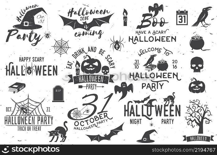 Halloween vintage icon, emblem or label and design elements. Vector illustration. Halloween set include cat, pumpkin, bat, crow, skull, tree, candle, ghost, spider, magic, book, hat, badges, ribbon and grave.. Halloween vintage icon, emblem or label.
