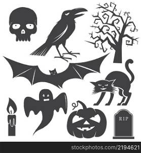 Halloween vintage icon, emblem or label. Vector illustration. Halloween set include cat, pumpkin, bat, crow, skull, tree, candle, ghost and grave.. Halloween vintage icon, emblem or label.