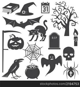 Halloween vintage icon, emblem or label. Vector illustration. Halloween set include cat, pumpkin, bat, crow, skull, tree, candle, ghost, spider, magic book, hat and grave.. Halloween vintage icon, emblem or label.