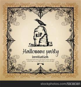 Halloween vintage invitation with hand drawn ornamental frame vector illustration. Halloween Vintage Invitation With Frame
