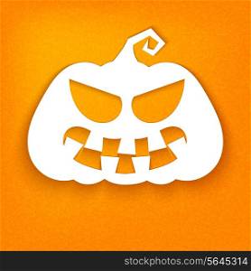 Halloween. White silhouette of a pumpkin with a sinister facial expressions on an orange background. Vector illustration.