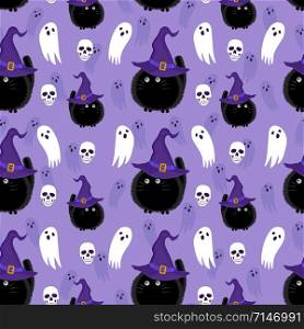 Halloween witch cat and ghost seamless pattern on purple background. halloween pattern background. vector illustration
