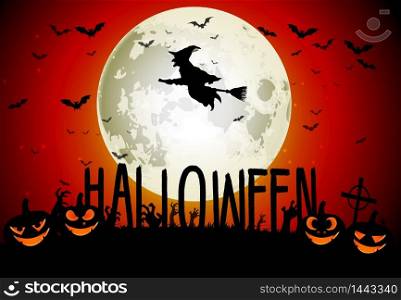 Halloween witch flying on full moon background. Vector
