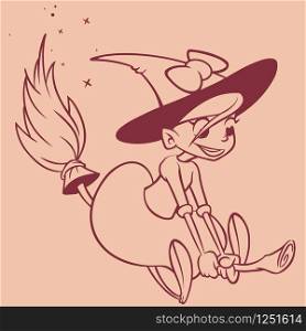 Halloween witch flying on her broom outlines. Black silhouette of cartoon witch. Coloring book